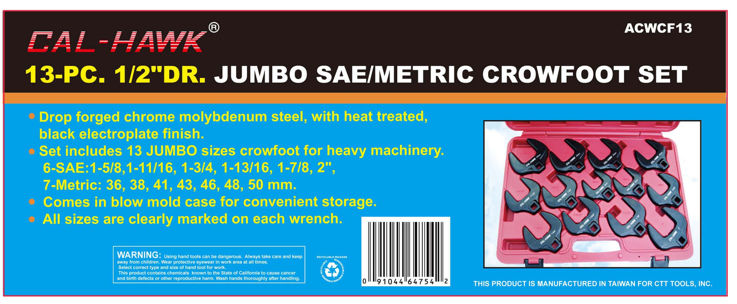 13PC 1/2" JUMBO CROWFOOT WRENCH M/SAE