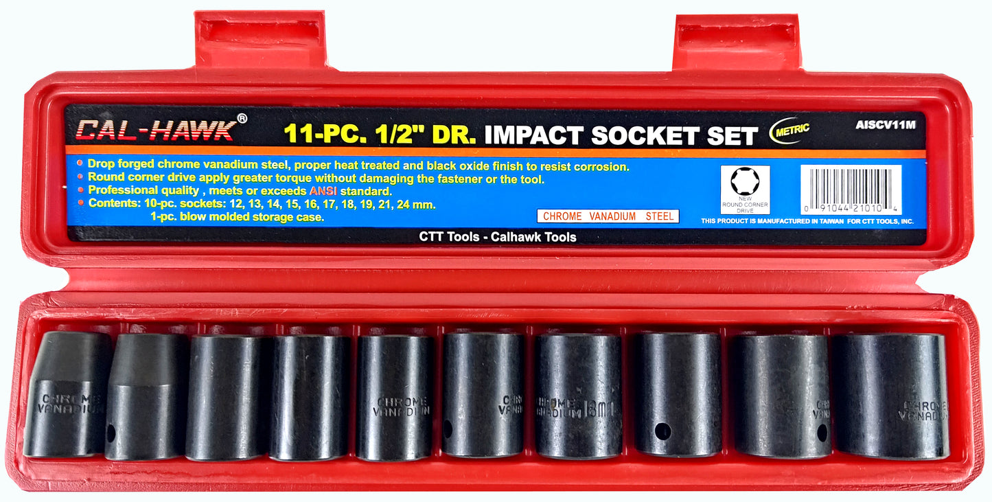 11PC 1/2 CR-V METRIC STANDARD IMPACT SET