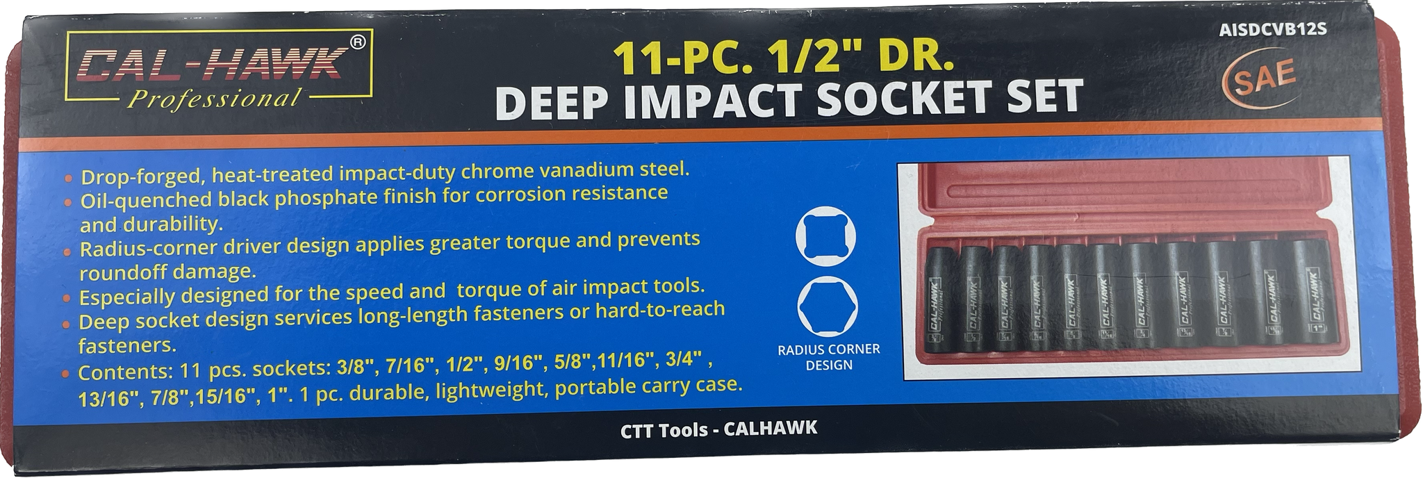 Cal Hawk 5-Piece 1/2" Drive Deep Impact Socket Set - Metric Impact Sockets For Professional Use