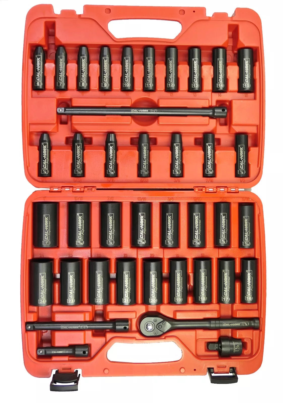 A set of black deep impact sockets arranged in a red case, with a 3/8