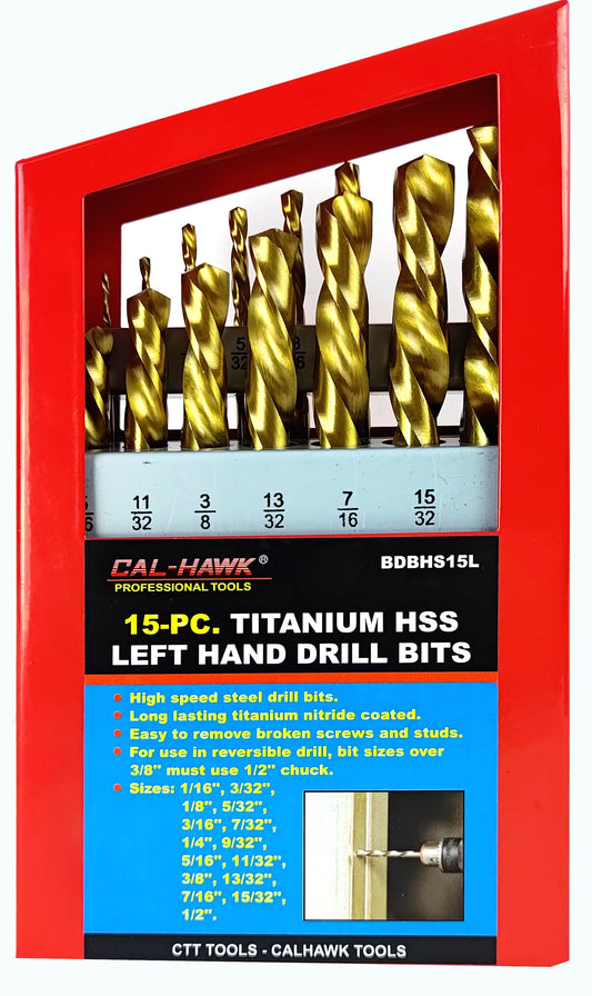 15PC TITANIUM HSS LEFT HAND DRILL BITS