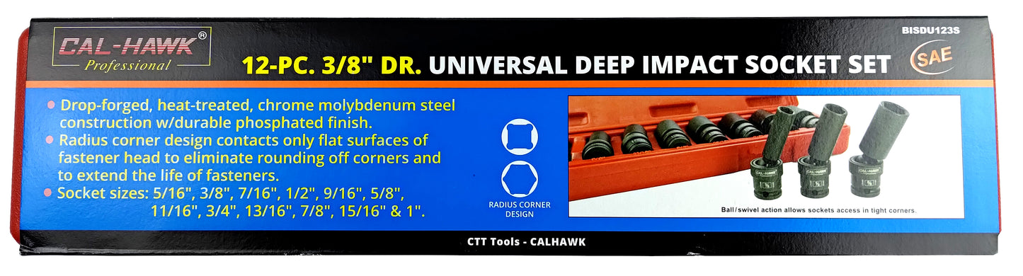 12PC 3/8" DR DEEP IMPACT UNIVERSAL SOCKET- SAE