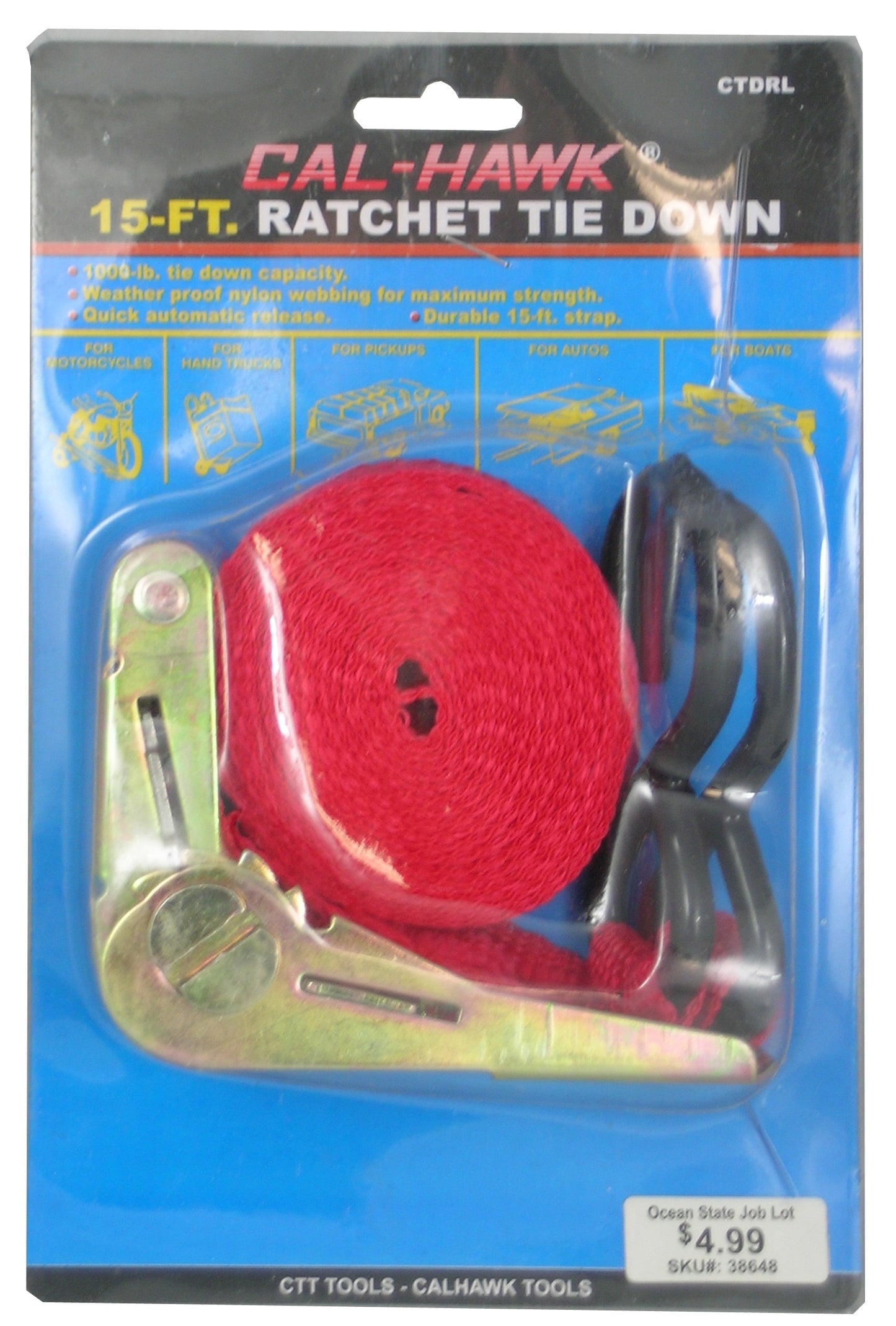 1"X15' RATCHET TIE DOWN W/HOOKS