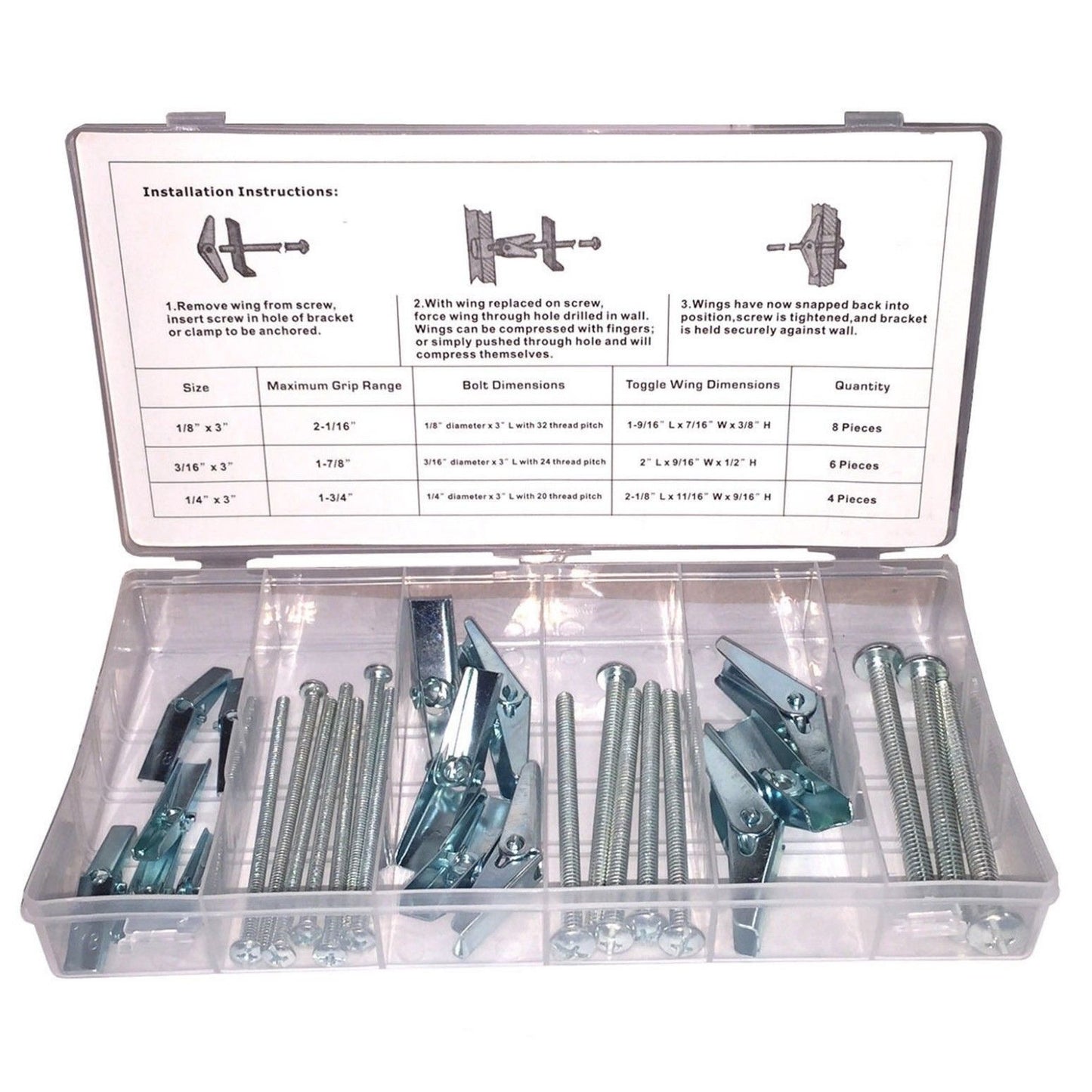 18PC SPRING-WING TOGGLE BOLT ASSORTMENT