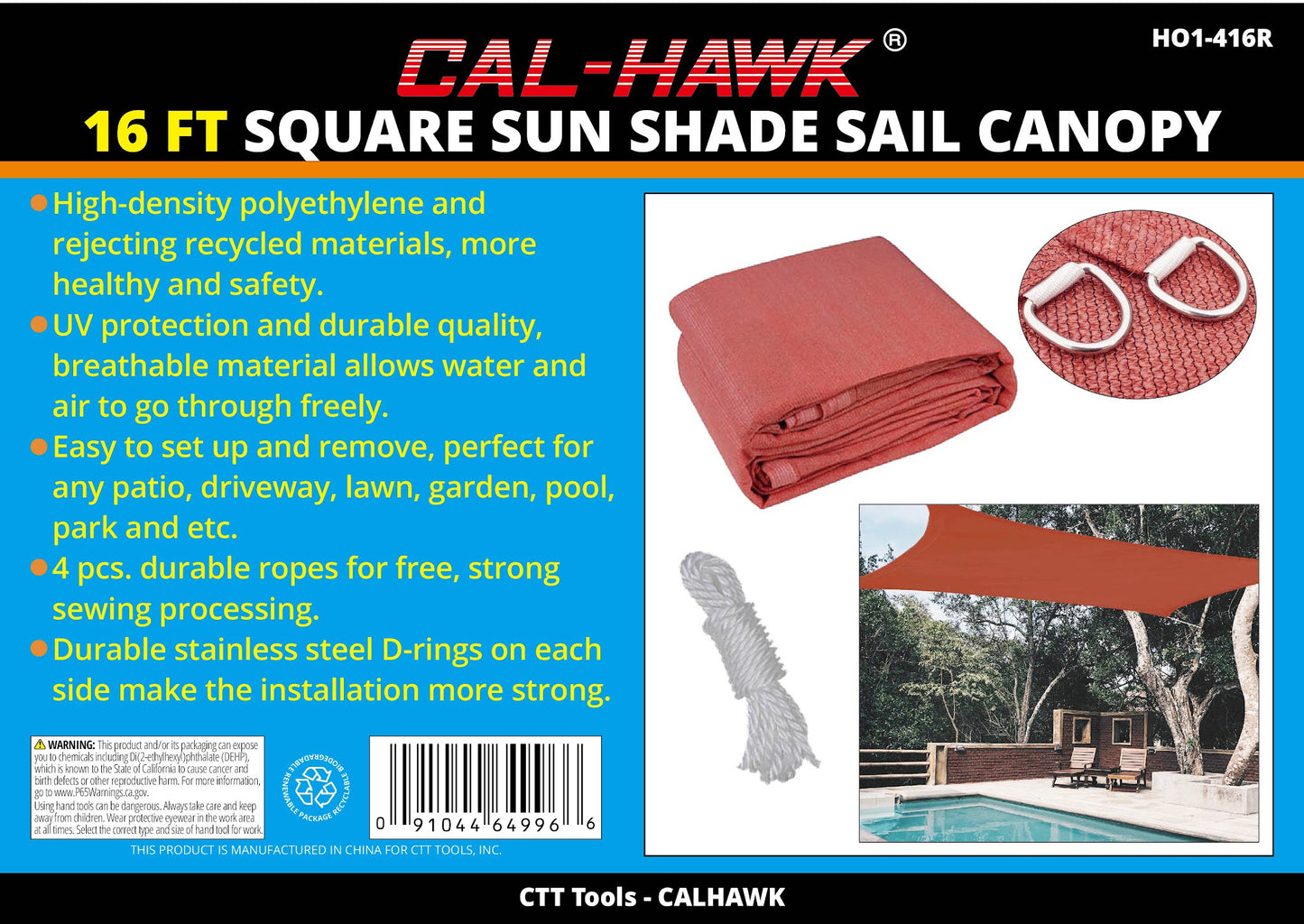 16 FT SQ SUN SHADE SAIL CANOPY-RED